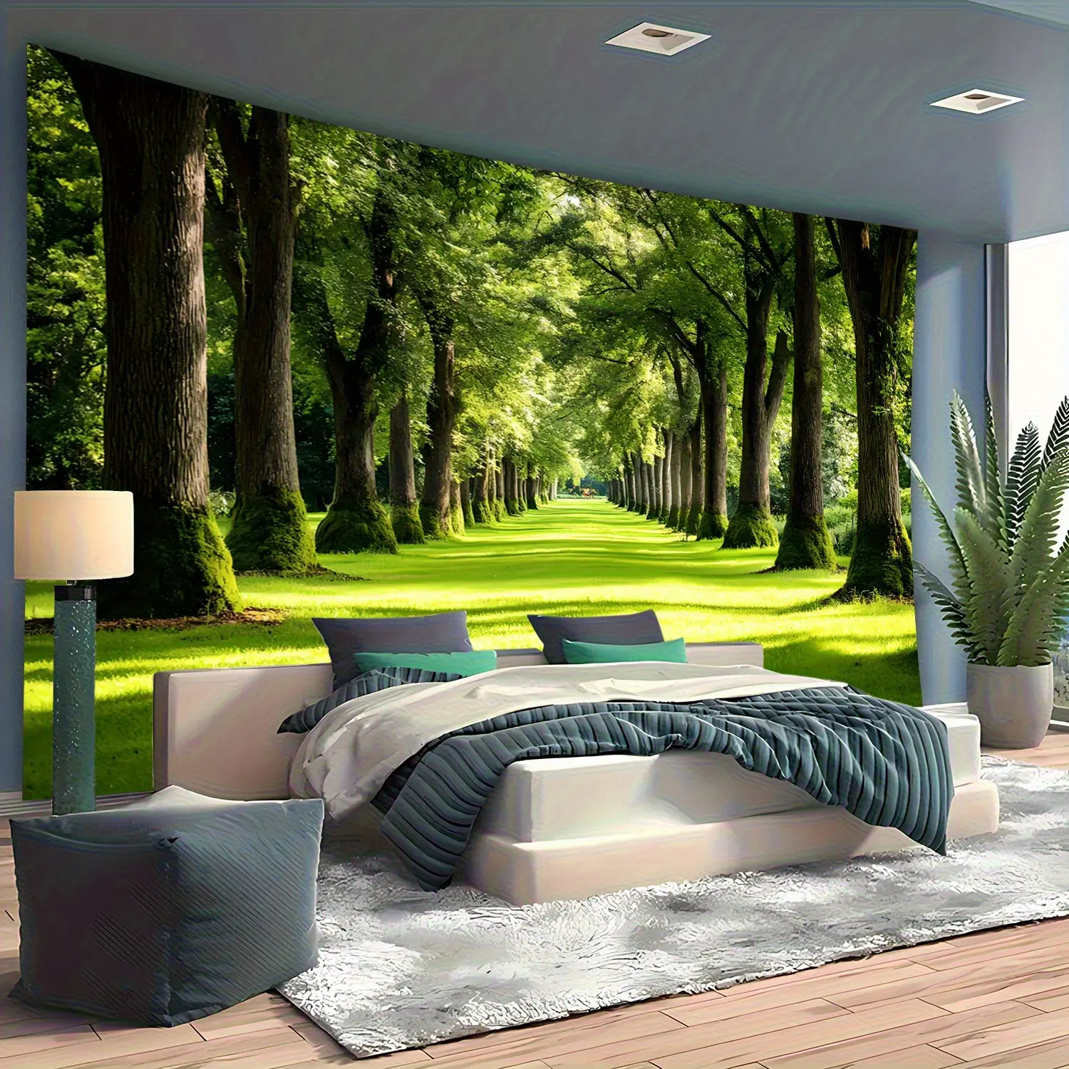 Realistic Tree Landscape Tapestry Wall Mural - 1-Piece Vibrant Nature Print, Sunlit Pathway Art, Polyester Fabric, Easy Mount Accessories, Home Decor Backdrop Banner for Bedroom, Living Room, One-Piece