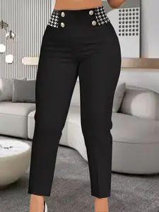 Women's Houndstooth Print Button Front High Waist Slim Fit Skinny Pants, Casual Comfy Trousers for Daily Wear, Ladies Bottoms for All Seasons