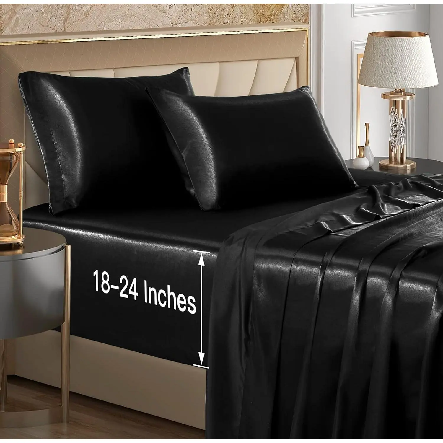 4 count Extra Deep Pocket Satin Sheets  Size Bed Set, Black Satin Sheet Set Fit 18-24 Inch Deep Pocket Mattress, Silky & Luxury Satin Bedding Set Soft & Ultra Deep Fitted Sheet Set