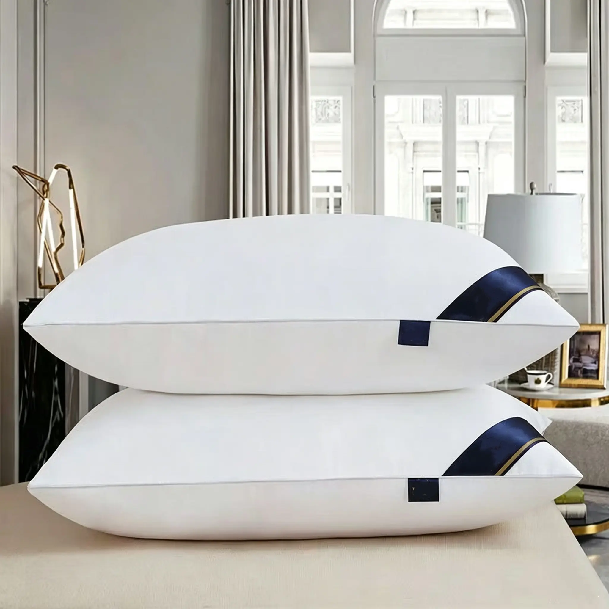 Luxurious White High-Elastic Rebound Pillows (2 Sets, 1 Solid Color Set), Soft Comfortable Bedding Pillows for Adult Single Sleep in 5-Star Hotels & Bedrooms