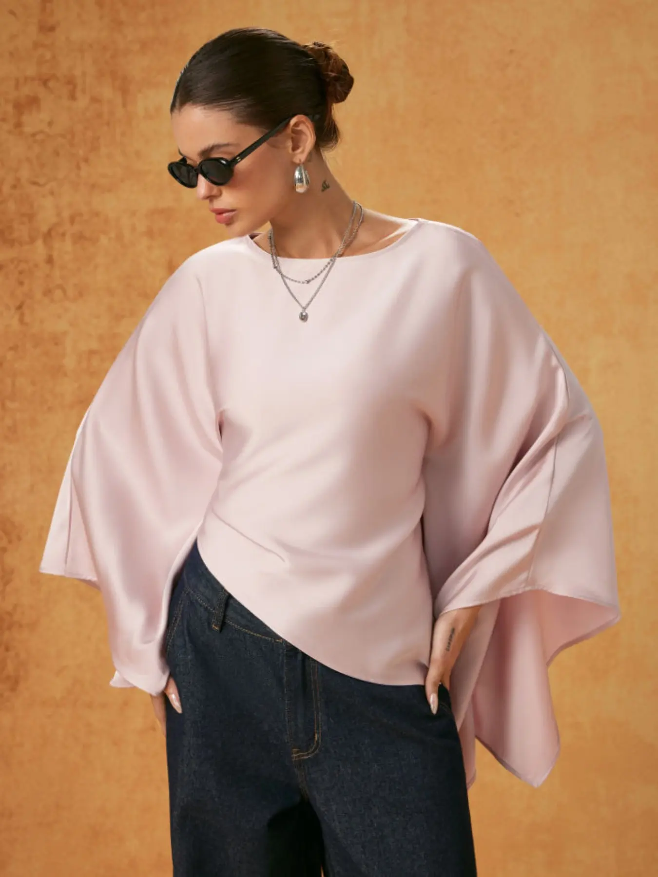 Women's Asymmetric Batwing Shirt, Blouse, Top, Back Tie Design, Oversized Long Sleeves, Casual Fashion, Loose-Fitting, Plain Pattern, Belted Style, Boho Cottagecore Blouse, Flowy Summer Tops