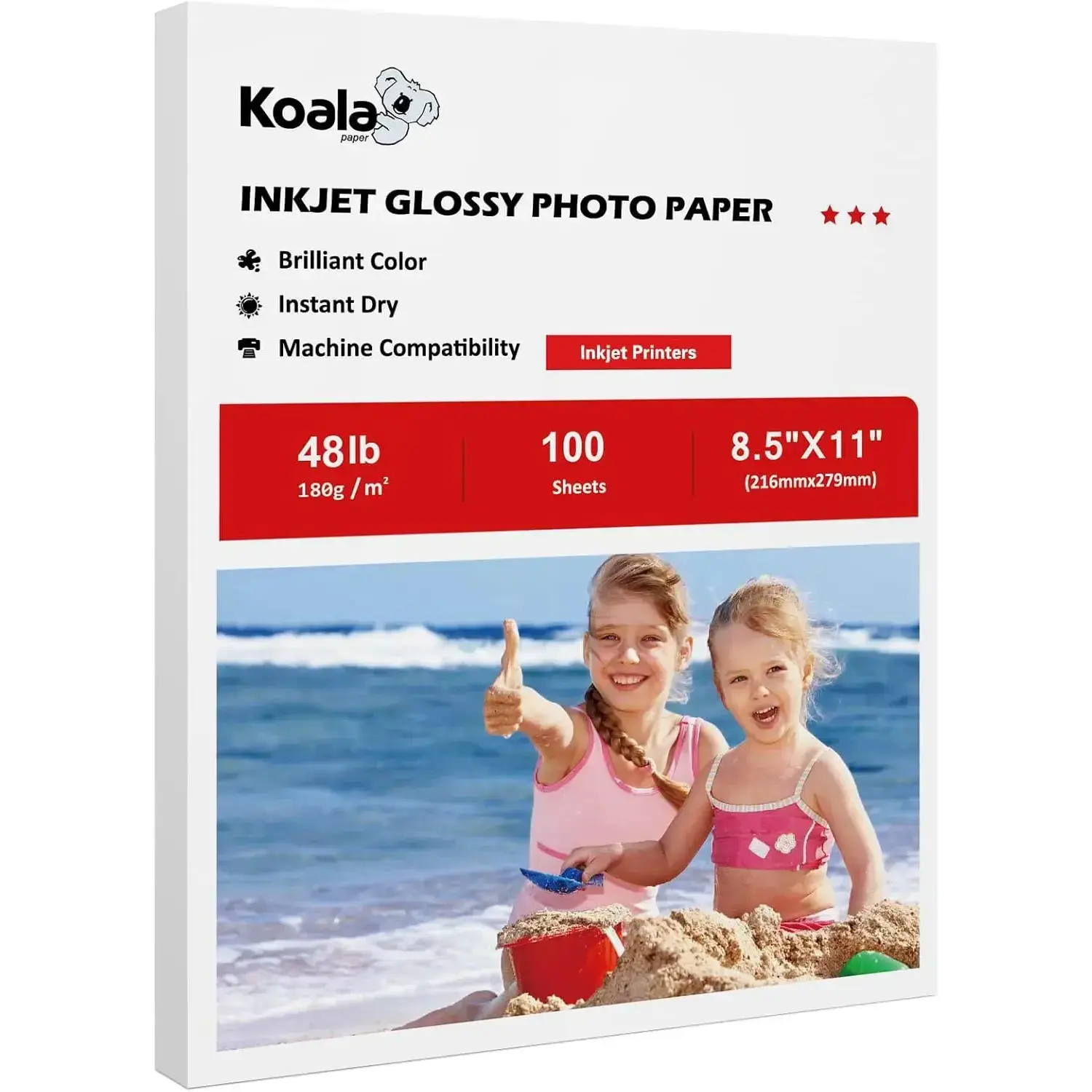 Koala Professional Glossy Inkjet Photo Paper, 8.5x11 in, 48lb (180GSM), 100 Sheets - Flat Glossy Smooth Finish, Brilliant Color, Fast Dry, Instant Dry, No Smearing, No Watermark, Good Ink Absorption, Dye Ink Inkjet Printer Compatible