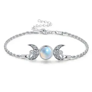 DRINSPER S925 Moonstone Bracelet, Hecate Triple Moon Goddess Bracelet, Artificial Moonstone, Pagan Wiccan Amulet Bracelet, 925 Sterling Silver Bracelet,Fashion Celtic Knot Crescent Moon,Elegant Jewelry Accessory for Women Girlfriend Girls