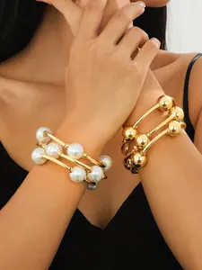 3pcs Vintage Chunky Gold/Silver/Pearl Bracelet Set, European And American Style, Suitable For Women's Beach, Dating, Fashion Shooting, Holiday Decoration, Charm Jewelry Gift, Stackable Bracelet