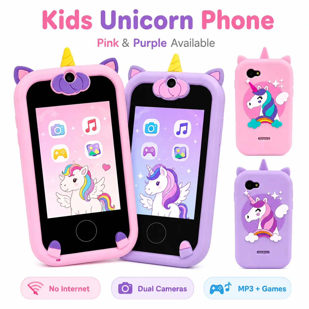 Unicorn-Themed Unisex Children's Toy Mobile Phone, Touchscreen with Camera + Game, MP3 Player Functions, Developmental Educational Toy for 3-6 Years Old Kids, 4-6 Years