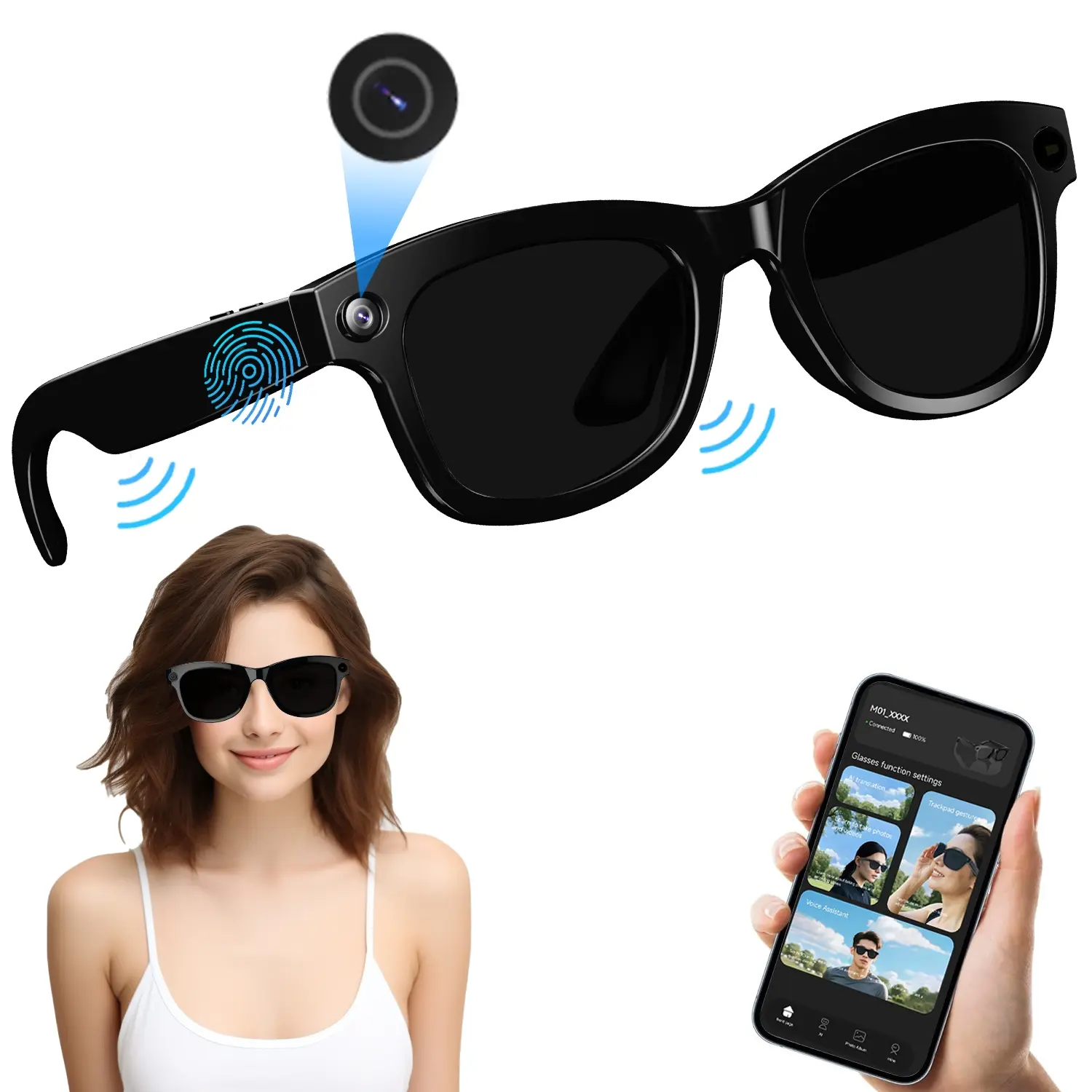 Ai Smart Glasses with Camera, HD Video Recording, Voice Assistant, Open Earphones, Metal Frame, Travel and Video Record Lens, Multifunctional Smart Glasses