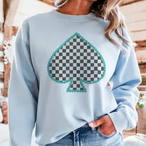 Vintage Western Sweatshirt Retro Boho Checkered Spade Pullover Checkerboard Turquoise Cowboy Sweater Unisex Sublimation Womenswear Casual Crewneck Cowgirl Tee