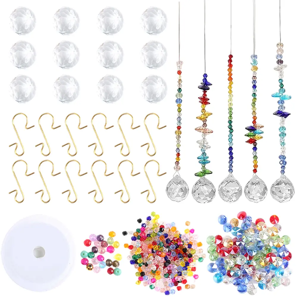 12-Set Decorative Hangable Crystal Suncatchers, Hanging Glass Beads Ball Prisms Ornaments with Chain, Light-Powered Rainbow Maker for Window Home Decoration - Home Improvement Supplies