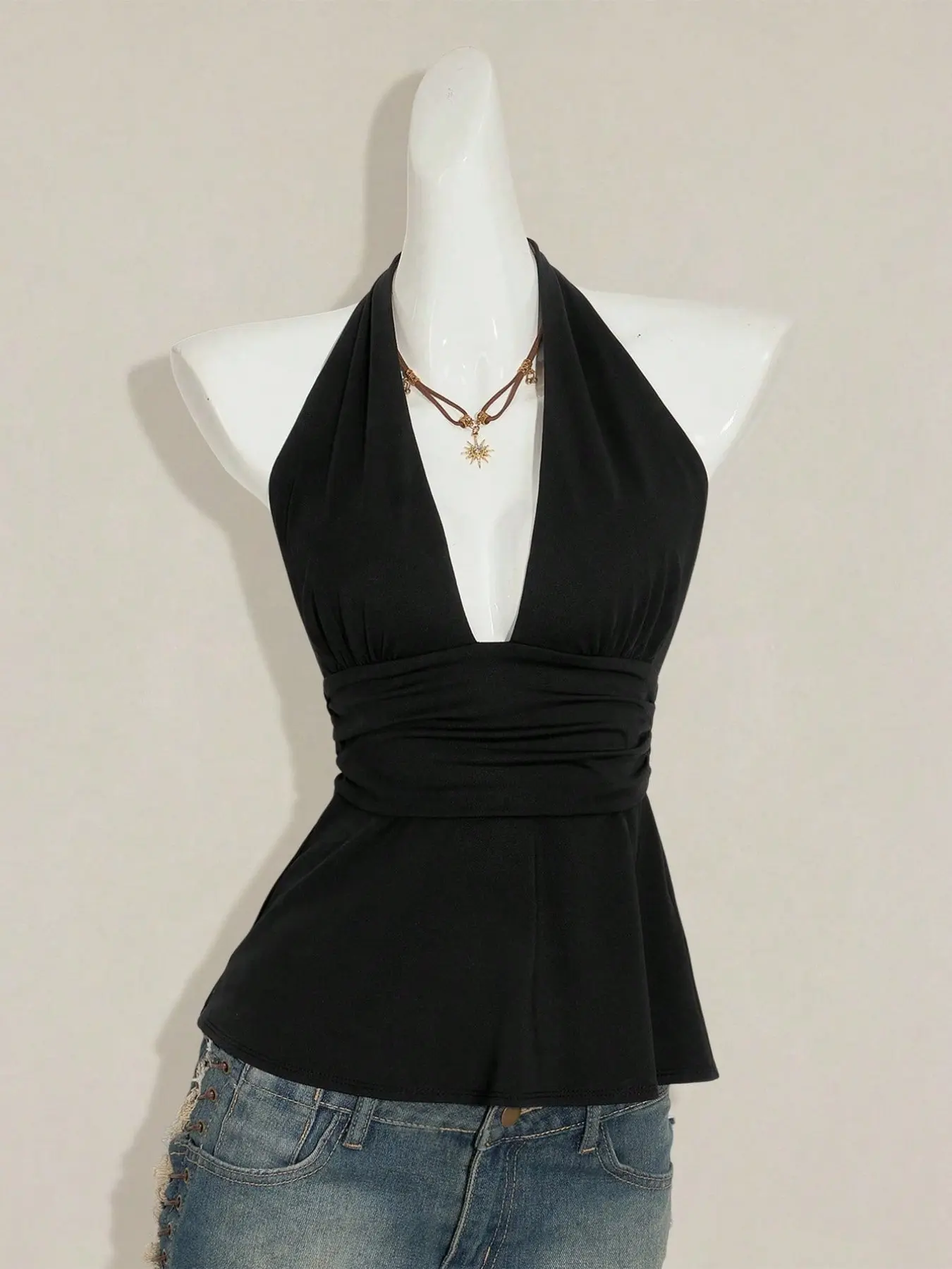 Vintage Y2K Coquette Halter Top, V-Neck Waist-Cinched Backless Tank, Polka Dot/Solid Color Back Tie Streetwear Crop Top