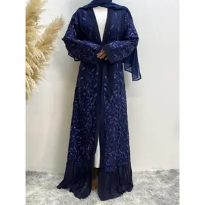 ArabicClothing-ContrastSequinLeafEmbroideryRuffleHemBeltedAbayaWithoutDress,ElegantLongSleeveOpenFrontAbaya,MuslimClothesforWomen