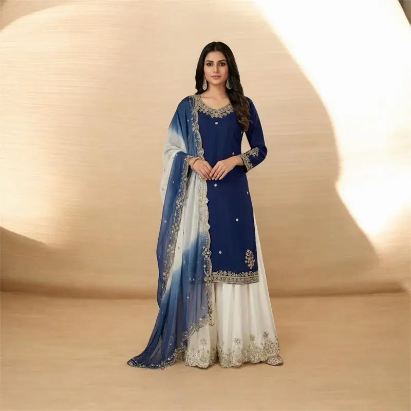 Crape French Silk Garra Set Party Wear Light Weight Comfortable with Blue and White Design