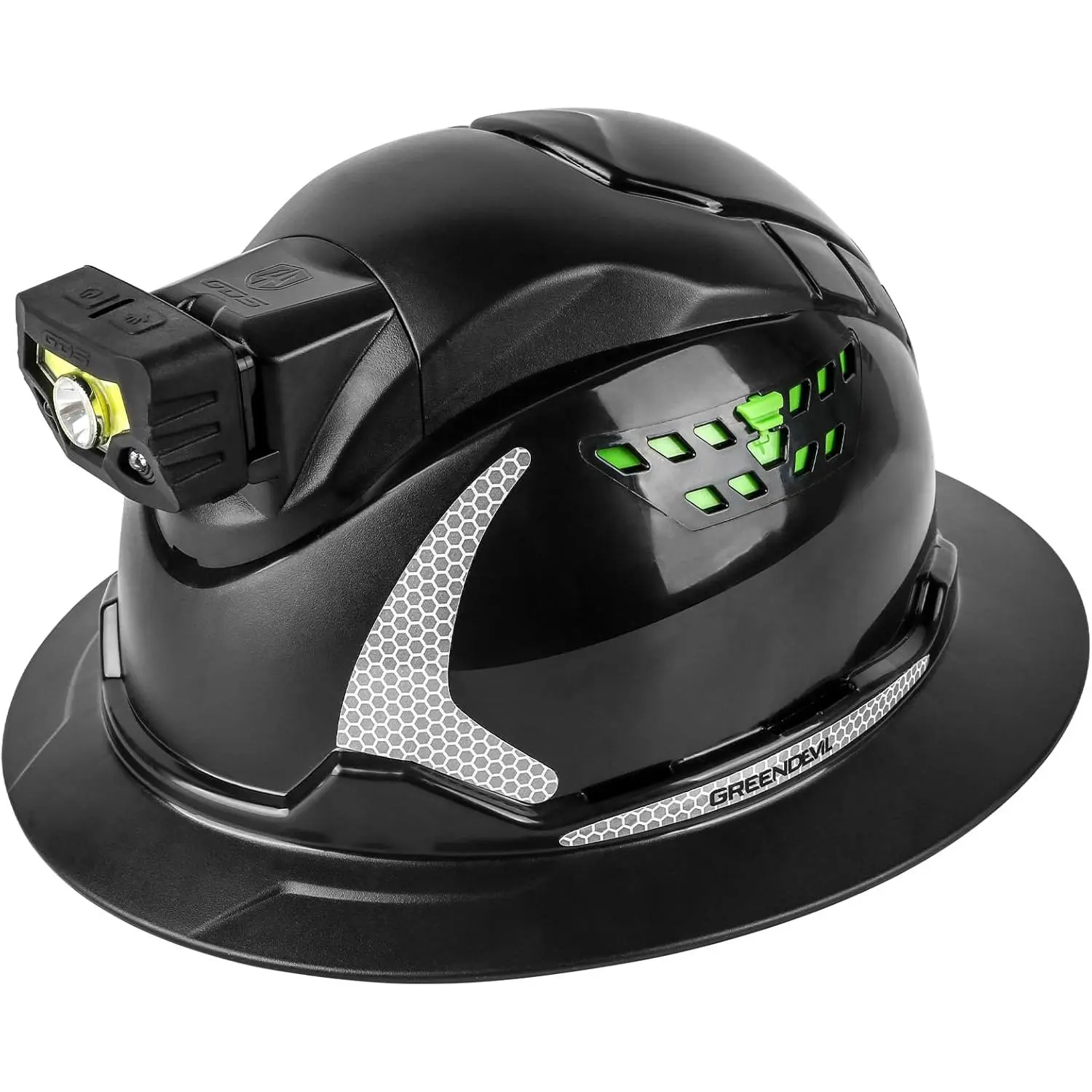 Swiilpo GREEN DEVIL Matrix Full Brim Hard Hat with Headlight Vented Construction Safety Helmet OSHA Approved Cascos De Construccion Work Hardhat for Men&Women,By Quesear