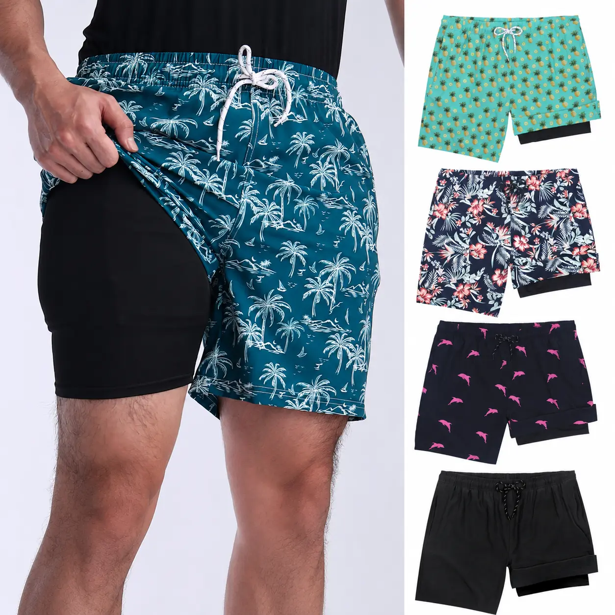FEITAI Men's 2-In-1 Quick-Dry Beach Swim Trunks with Elastic Waist, Compression Lining, Mesh Pocket & Polyester Fabric - for Pool, Holiday Wear Casual