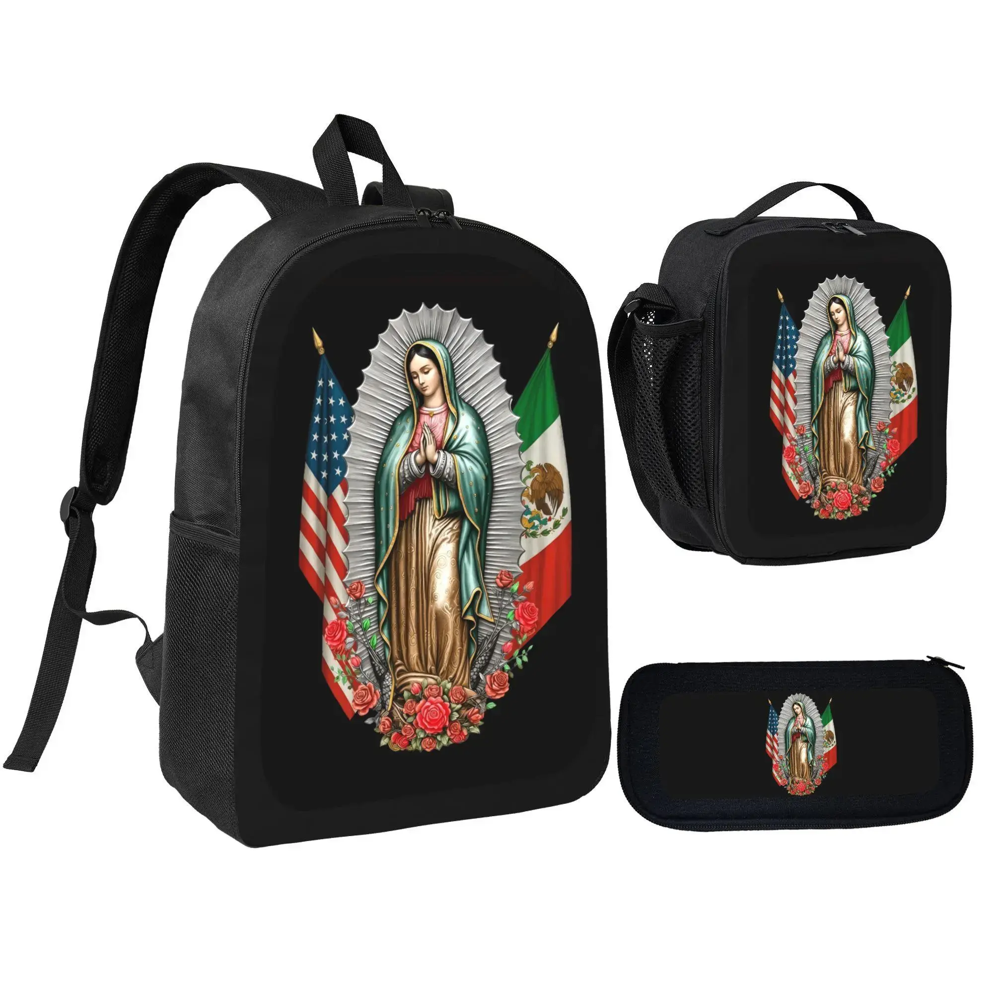 School Backpack Set with Artsy Our Lady of Guadalupe Print, 3-Piece Religious Bag for Students Ages 12+ with Lunch Box and Pencil Case, Artsy Bag