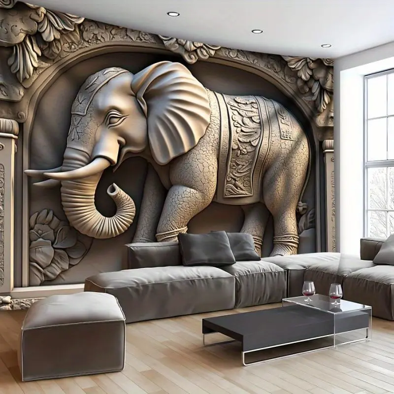 3D Majestic Elephant Polyester Tapestry - Oversized Stone Sculpture Design, Easy-to-Hang Wall Art for Living Room, Bedroom Decor, 1 Sheet