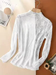 Spring Summer Lace Top Women, Half High Neck Innerwear, Chic Mesh Long Sleeve Shirt, Fashionable Undergarment for Ladies Womenswear