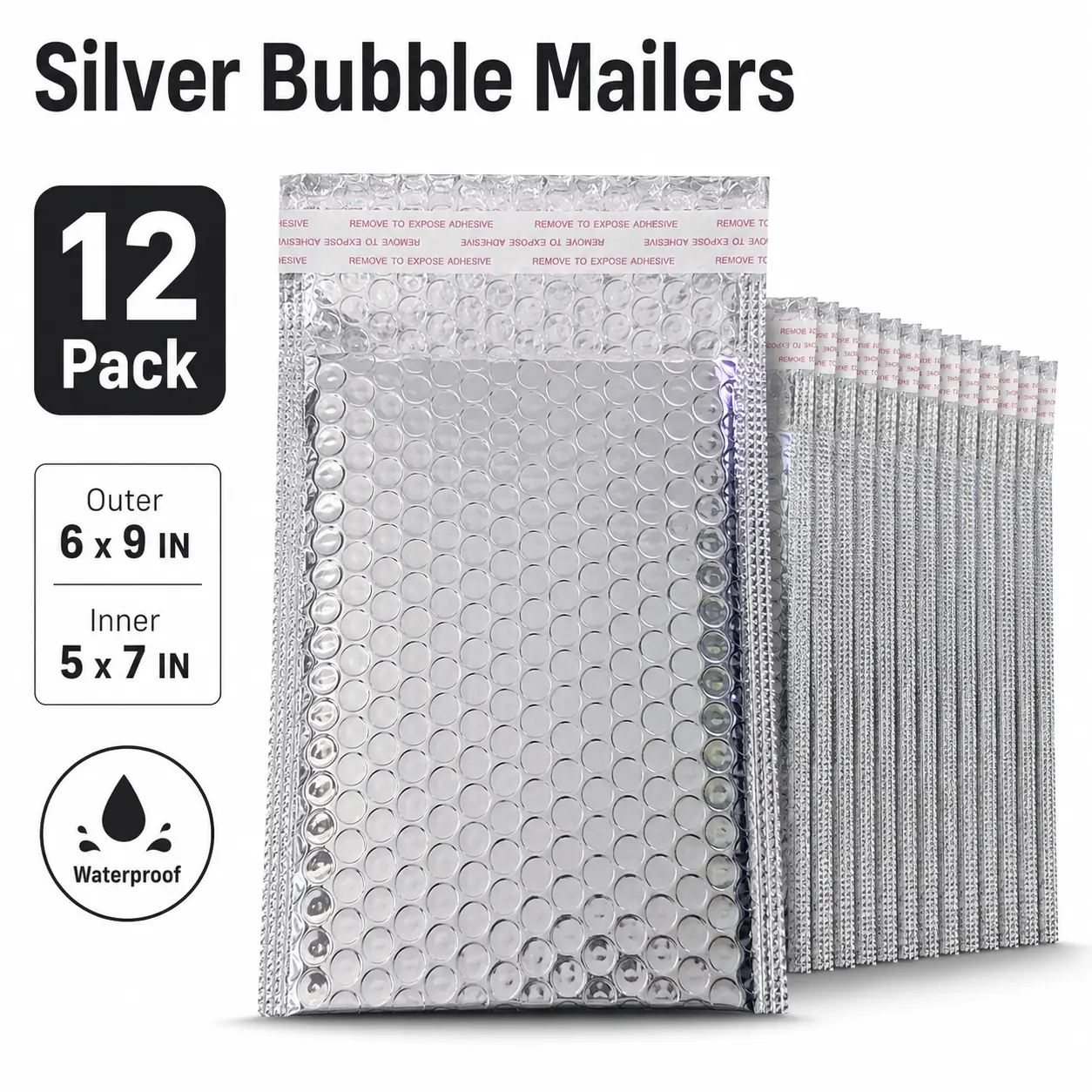 12 Pack Silver Bubble Mailers, 6 x 9 Inch Outer Size, 5 x 7 Inch Usable Inner Size, Waterproof Self-Seal Padded Shipping Envelopes for Jewelry, Cards, Accessories and Small Items