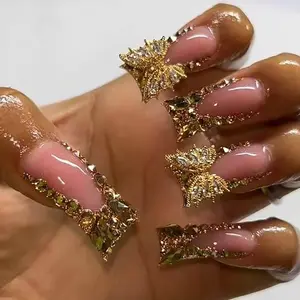 Gold French Tip Fake Nails with 3D Butterfly Design Glue On Full Cover Acrylic False Nails for Women Perfect Valentine's Gift