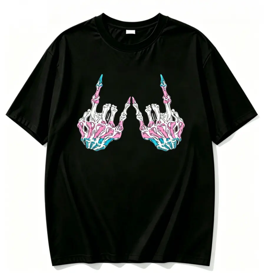 100% Cotton Pastel Pink Blue Gradient Skeleton Rock On Middle Finger Hands Graphic T Shirt Trans Pride Y2K Edgy Streetwear Soft Loose Fit Cotton Short Sleeve Tee