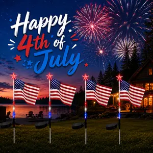 Red White Blue Flag Star Solar Lights, 2 Pack Outdoor Waterproof Patriotic Lamps, Ideal for 4th of July and National Day Yard Decoration