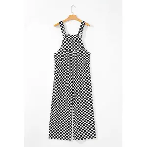 Black Checkered Print Pocketed Wide Leg Jumpsuit