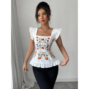 Women’s floral print off-shoulder top with fashionable bubble sleeves, suitable for daily wear and vacations; summer women’s clothing, ShirtsGARMENTARY