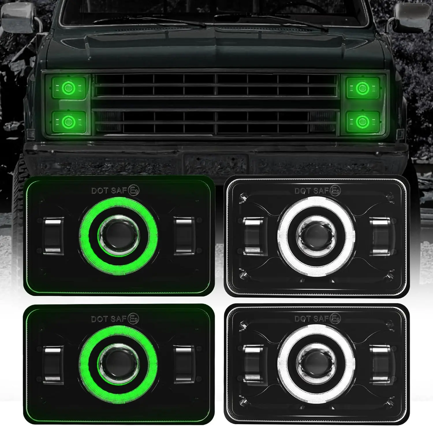4x6 LED Headlights DOT Approved with Green DRL Amber Turn Signal Halo Compatible for 1986 Che-vrolet CK 10 Rectangular H4656 H4651 H4642 H4652 Fit for Peterbilt 357 378 379 XR400 XR250 XR650