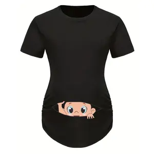 Pregnant Women's Short-Sleeve Crew Neck Black Summer Casual Maternity Blouse, Maternity Clothing for Expectant Mothers