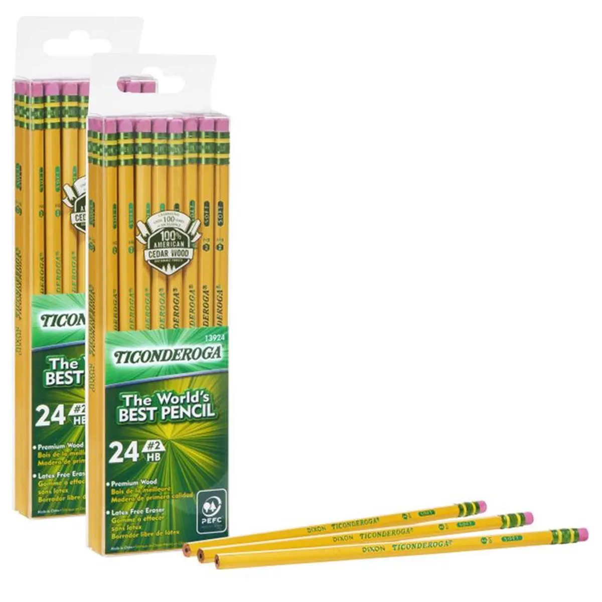 Dixon Ticonderoga No.2 Unsharpened Pencils - 24-Count (2 per Inner Pack) Soft Yellow Premium Wood, Graphite Core, Latex-Free Smudge-Free Erasers, Smooth Performance, School Stationery, Stationery Supplies for Teachers