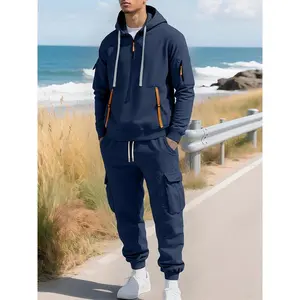 2-piece men's heavy-duty warm workwear set - Oversized full-zipper hooded sweatshirt and work pants, thick winter jacket and pants, suitable for outdoor, gym, hiking, camping - Full-length zipper and multi-pocket design, machine washable (casual/training/