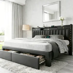 TryLazy Upholstered Flatform Bed Frame with 4 Storage Drawers No MATTRESS Queen Size Wood Slats Holds 900lbs No Noise No Box Spring Needed Full King Twin White Rivet Design USB Socket