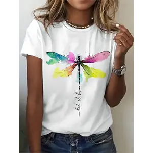 [100%25 Cotton] Women'S Fashion Casual White Tee, Dragonfly Art With Inspirational Quote, Short-Sleeved Round Neck T-Shirt, Summer Style Top T-Shirt For Men And Women