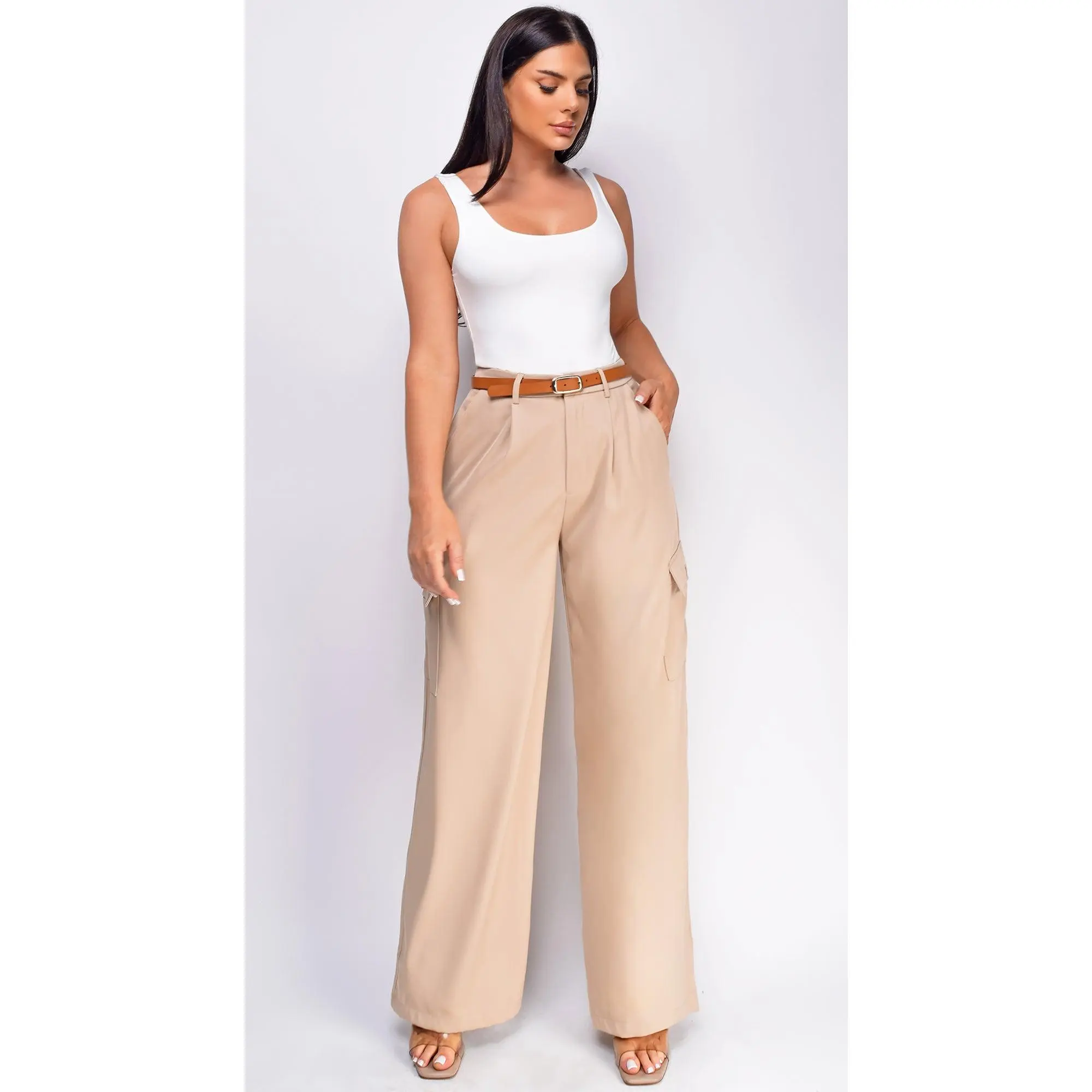 Iva Beige Wide Leg Cargo Pocket Pants
