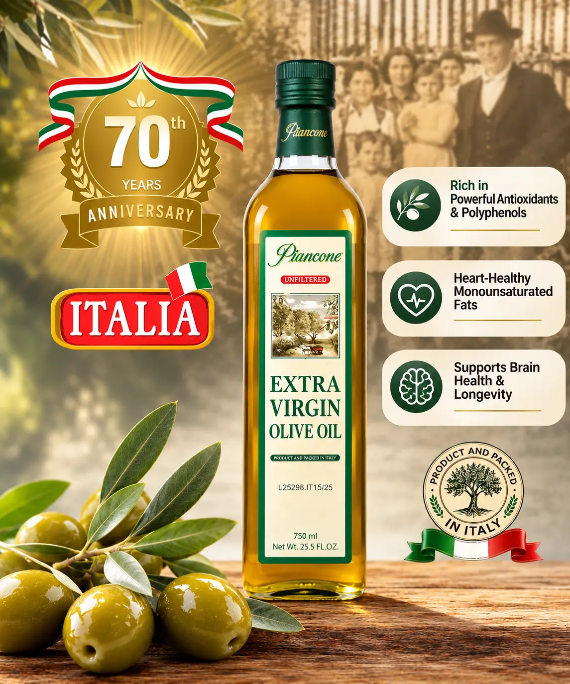 Piancone Extra Virgin Olive Oil 750ml - Unfiltered Extra Virgin Olive Oil imported from Italy