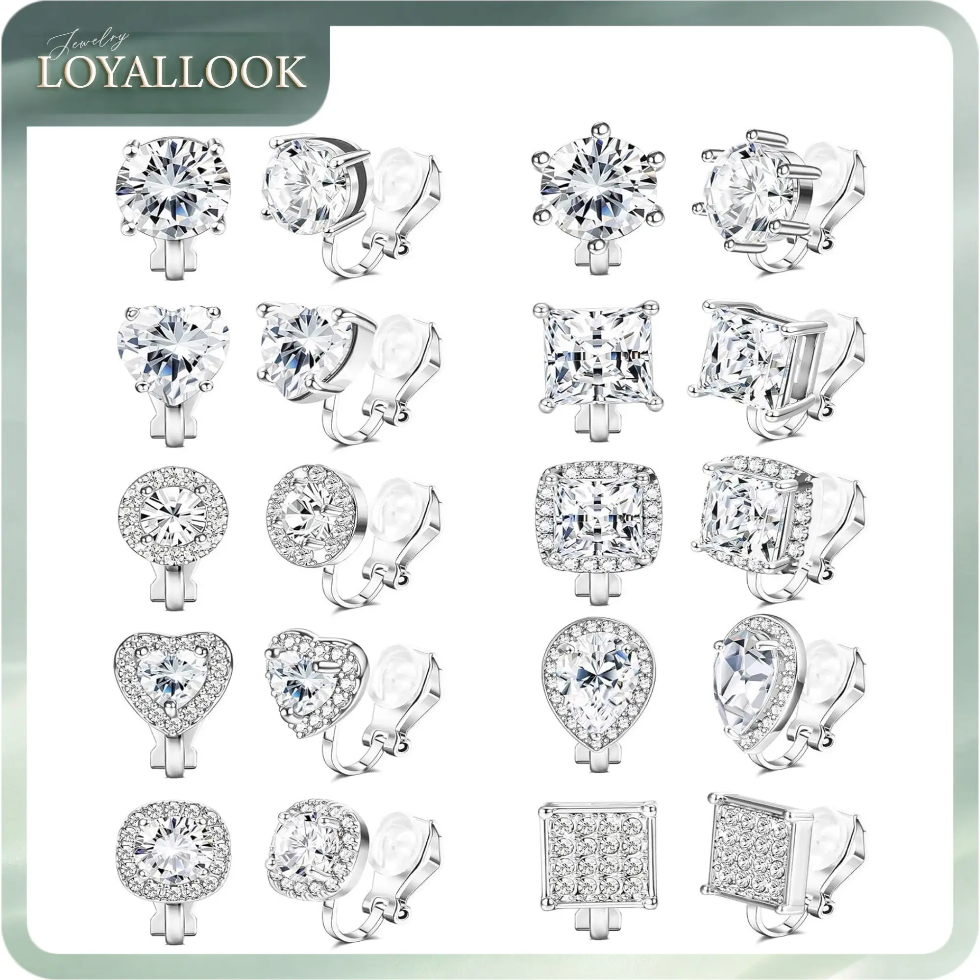 LOYALLOOK 10Pairs Cubic Zirconia Clip On Earrings for women Square Heart Ear Clips Earring Crystal Non-Pierced Clip Earrings