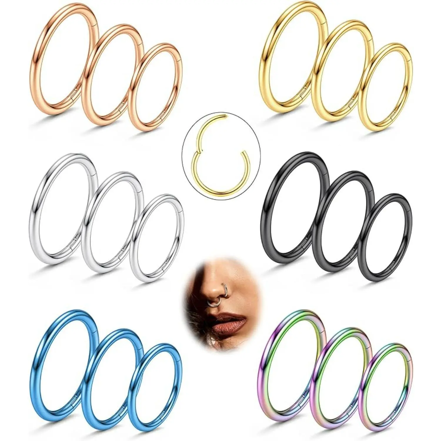 CASSIECA 18-Count 316L Surgical Steel 18g Hinged Clicker Nose Rings - Women's Septum, Tragus, Helix, Conch Cartilage Hoop Earrings for Daily Wear