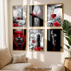 6-Piece Set Unframed Canvas Posters, Wine & Fashion Women Theme Art Decoration, Modern Wall Art for Living Room, Bedroom, Hallway