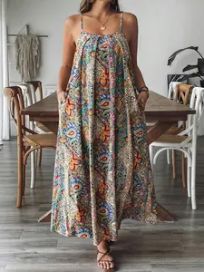 Boho Print Maxi Dress for Women, Loose Fit Summer Beachwear, Thin Straps, Pocket Design, Plus Size Fashion