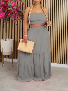 Women's Two-Piece Vacation Dress Set, Waist Cinched Top + High-Waisted Long Skirt, Fashionable, Fitted and Comfortable, Perfect for Travel, Outfit, Womenswear