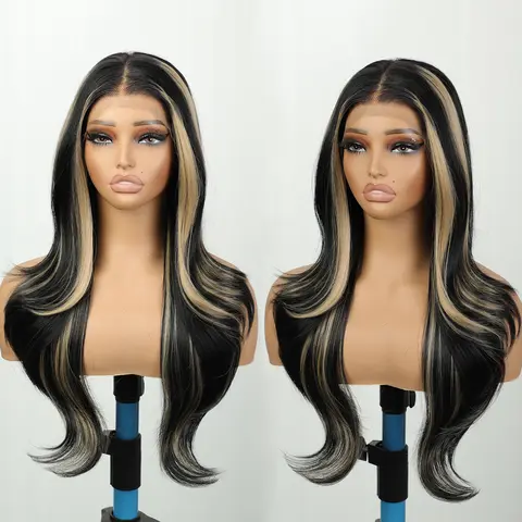 Women's 13×4 Skunk Stripe Synthetic Lace Front Wig - 26in Glueless Pre-Plucked Layered Wave, Black & Blonde Beginner Friendly Wig with Natural Root for Wedding, Work, Synthetic Wigs