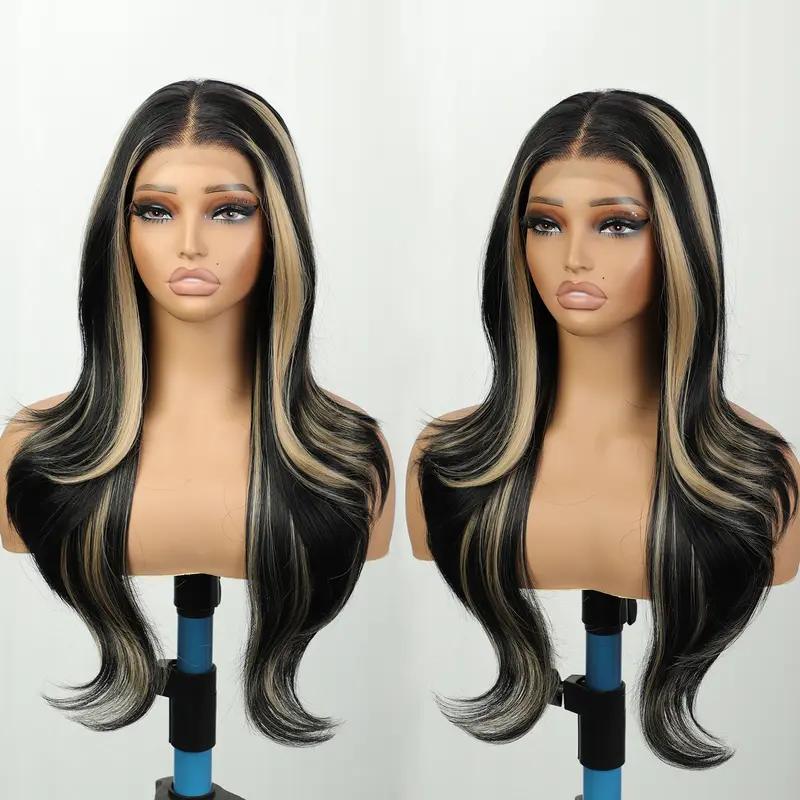 Women's 13×4 Skunk Stripe Synthetic Lace Front Wig - 26in Glueless Pre-Plucked Layered Wave, Black & Blonde Beginner Friendly Wig with Natural Root for Wedding, Work, Synthetic Wigs