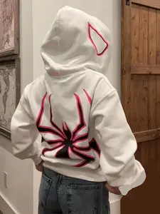 Women's Spider Print Zip Up Drop Shoulder Hoodie, Long Sleeve, Casual Halloween Letter Print Kangaroo Pocket Hooded Sweatshirt for Daily Holiday Outdoor Wear, Graphic Hoodie, Fall Tops 2024, Birthday Gifts, Sp5der Hoodie Womenswear
