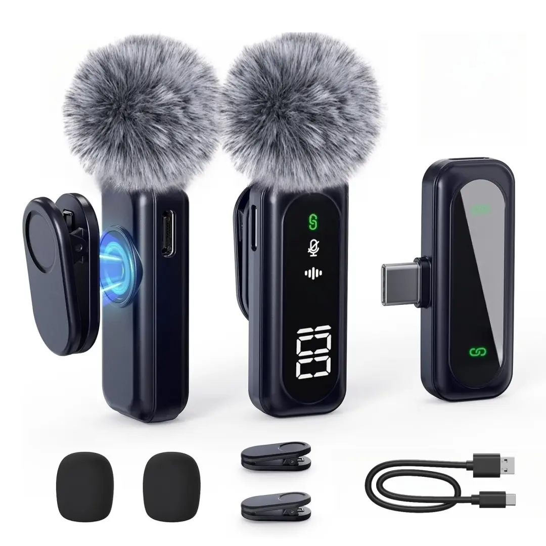 Wireless Lavalier Microphone with Digital Battery Display 360° Omnidirectional Noise Cancelling 100FT Range Rotatable Clip for iPhone 15/16 Android PC iPad Tablet