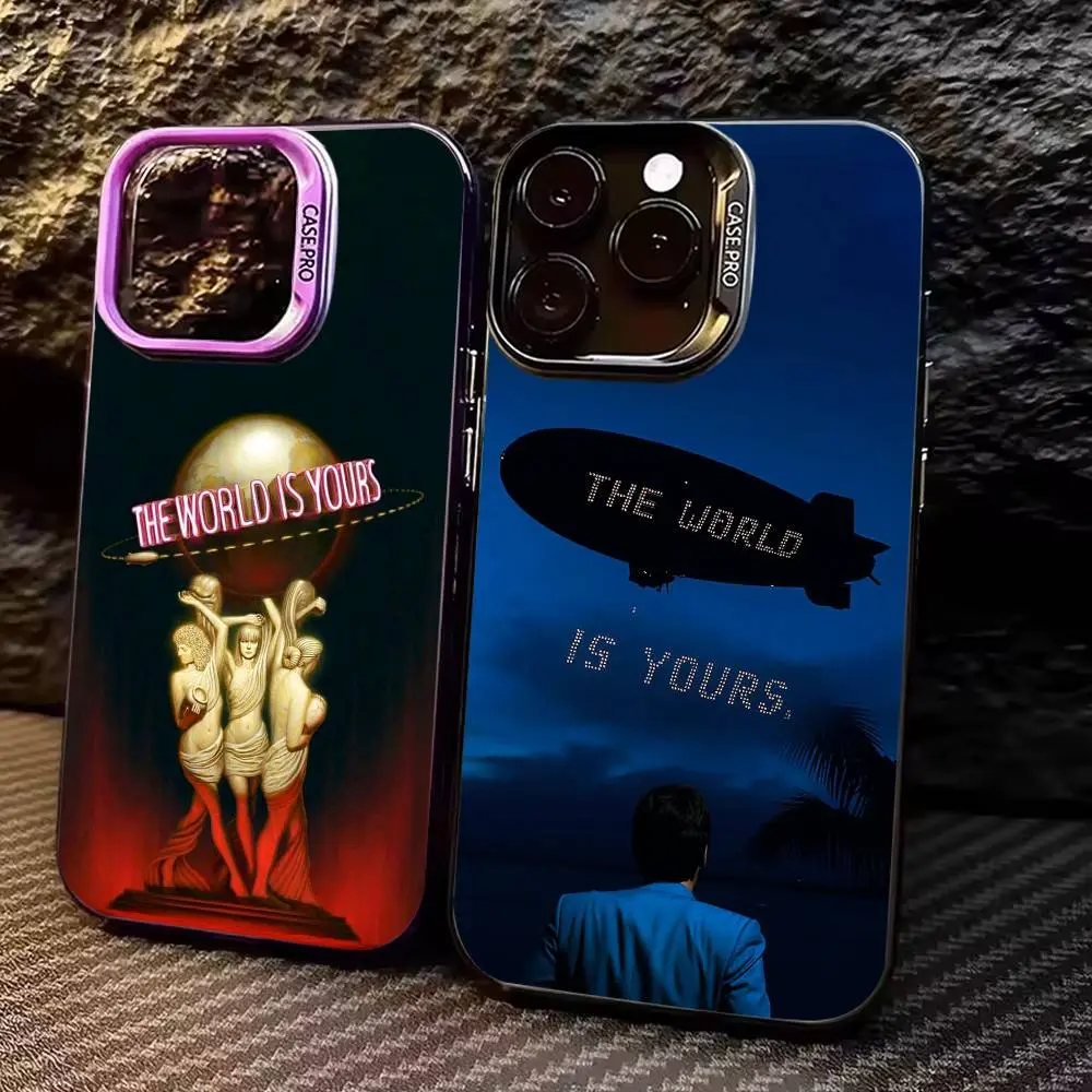 Colorful "The World Is Yours" Scarface Silver-Back Smartphone Casing, Mobile Phone Accessories for iPhone 11-17 (Plus, Pro Max) & Samsung Galaxy S22-S26, Christmas Gift for Cellphone Devices