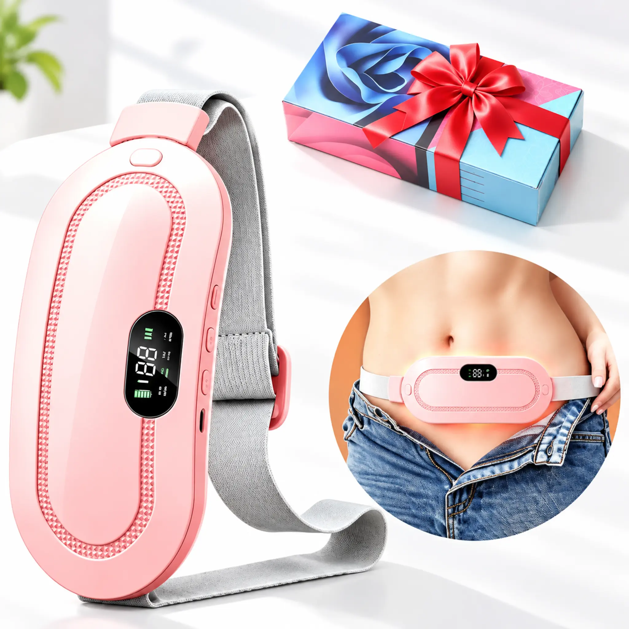Adjustable Heating Pad for Women with 4 Vibration Modes, Pink Menstrual Heating Belt for Abdomen & Waist Comfort, Wearable Period Warming Wrap for Daily Relaxation, Self-Care Gift -（Christmas Gift for Her）