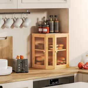 HOOBRO Bamboo Bread Box Large Capacity 2-Tier, Kitchen Countertop Corner Bread Box, Bread Storage Container with Dual Rippled Acrylic Doors, for Kitchen Food Storage, Natural#springtok