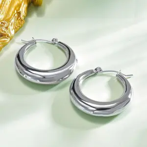 MDFUN 316L Thick Stainless Steel Hoop Earrings, Fashion Lightweight Hollow Open Hoops, Low Allergenic White Gold Plated Tube Earrings for Women