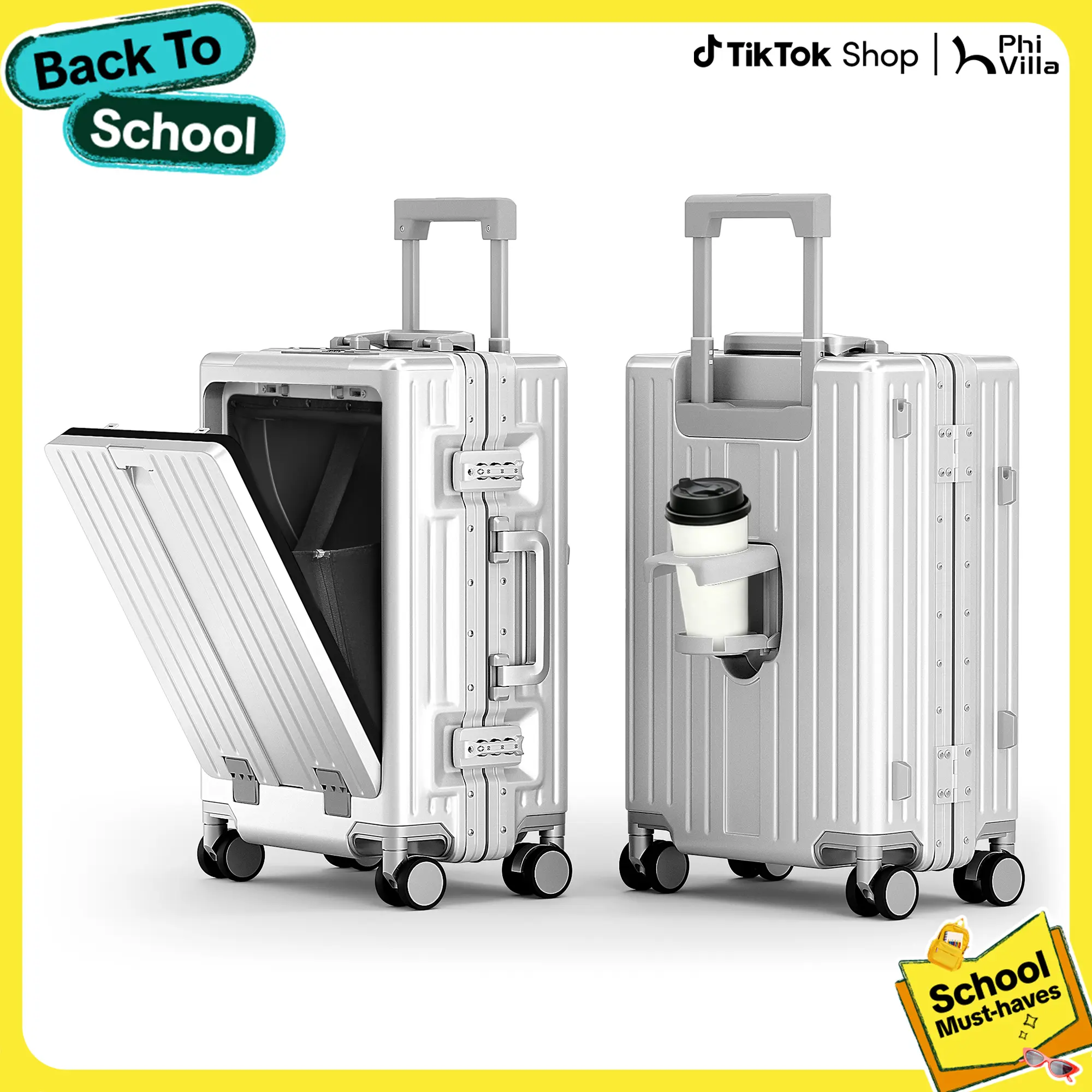 PHIVILLA 20 Inch Aluminum Frame Carry-On Luggage with Front Opening | Hardside Carry on Suitcase with Quick-Access Front Compartment, Airline Approved with TSA Lock, Cup Holder for Business Trips, TikTokShopBackToSchool