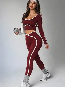 Spring Women's Sportswear Set, Sweatsuit Sets, Knitted Elastic Slim Fit Long Sleeve, Colorblock Patchwork Pants, Ideal for Sports Fitness Casual Wear, Workout Running Outfits