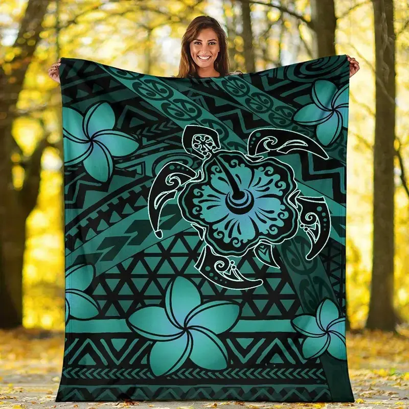 Soft & Cozy Fleece Blanket - Vintage Hawaiian Polynesian Sea Turtle & Hibiscus Design, Teal & Black Geometric Pattern, Lightweight All-Season Throw for Camping & Travel, Perfect Gift for Home Decor